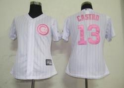 MLB Chicago Cubs 13# Castro White Women Jerseys Pink strip
