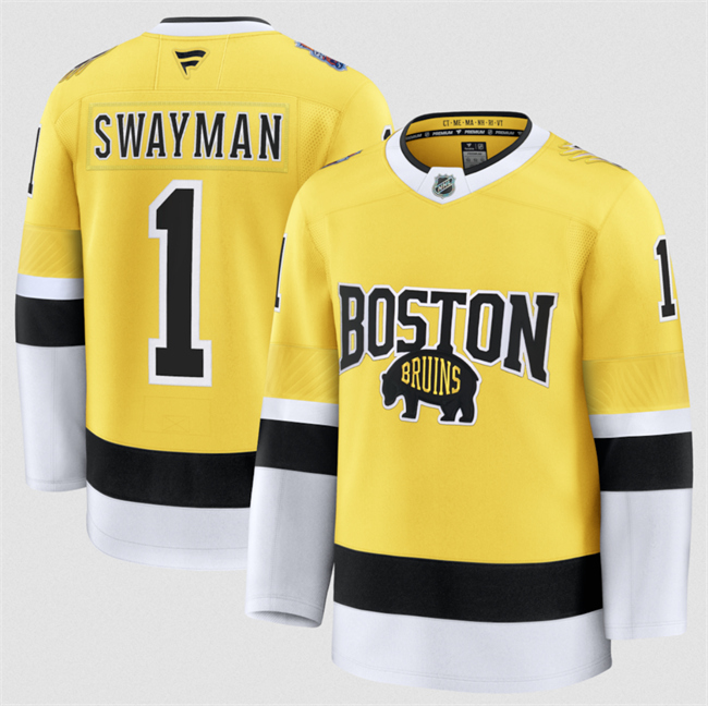 Men's Boston Bruins #1 Jeremy Swayman Gold 2026 Stadium Series Stitched Hockey Jersey Men's Boston Bruins #1 Jeremy Swayman Gold 2026 Stadium Series Stitched Hockey Jersey