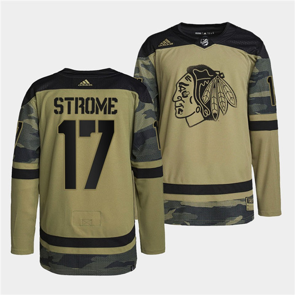 Men's Chicago Blackhawks #17 Dylan Strome 2022 Camo Military Appreciation Night White Stitched Jersey Men's Chicago Blackhawks #17 Dylan Strome 2022 Camo Military Appreciation Night White Stitched Jersey