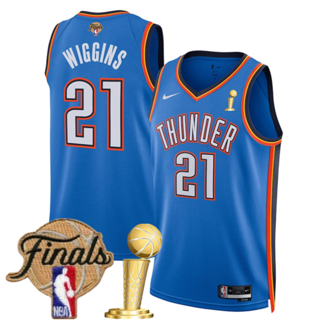 Men's Oklahoma City Thunder #21 Aaron Wiggins Blue 2025 Finals Patch And Finals Champions Patch Icon Edition Stitched Basketball Jersey Men's Oklahoma City Thunder #21 Aaron Wiggins Blue 2025 Finals Patch And Finals Champions Patch Icon Edition Stitched Basketball Jersey