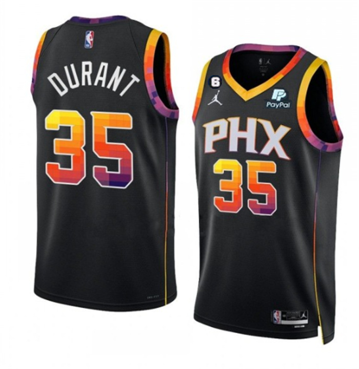 Men's Phoenix Suns #35 Kevin Durant Black 2022 23 Statement Edition With No.6 Patch Stitched Basketball Jersey Men's Phoenix Suns #35 Kevin Durant Black 2022 23 Statement Edition With No.6 Patch Stitched Basketball Jersey