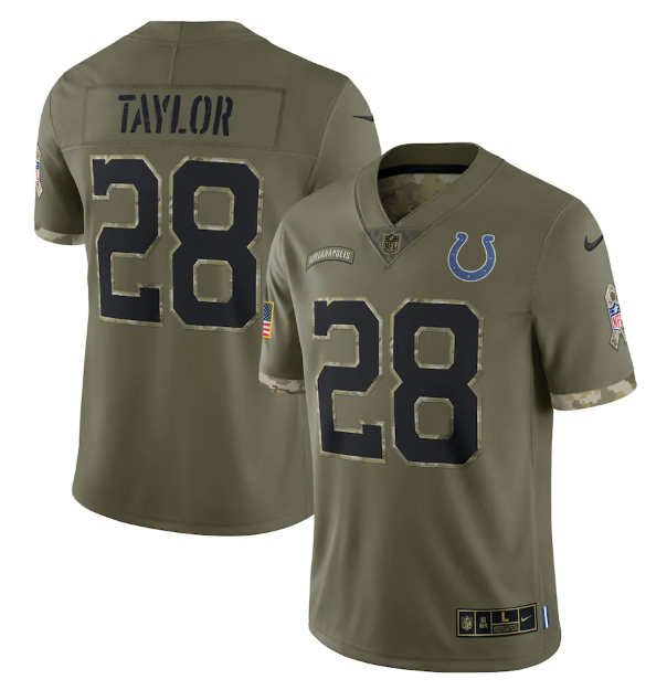 Men's Indianapolis Colts #28 Jonathan Taylor Olive 2022 Salute To Service Limited Stitched Jersey Men's Indianapolis Colts #28 Jonathan Taylor Olive 2022 Salute To Service Limited Stitched Jersey