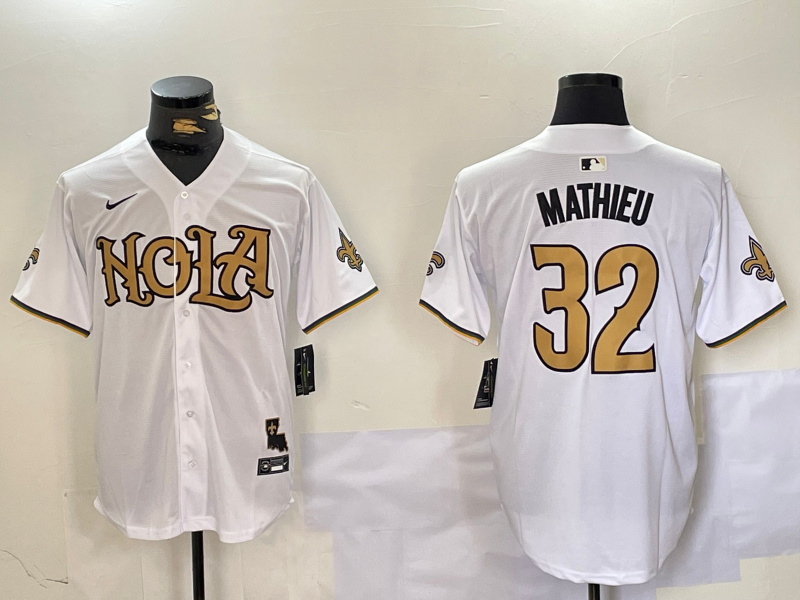Men's New Orleans Saints #32 Tyrann Mathieu White Cool Base Stitched Baseball Jersey 5 Men's New Orleans Saints #32 Tyrann Mathieu White Cool Base Stitched Baseball Jersey 5