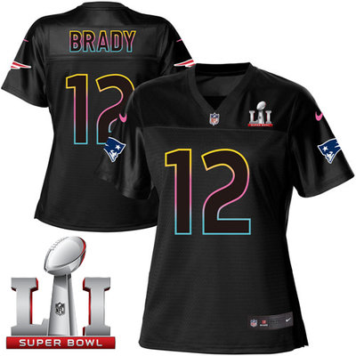Nike Patriots #12 Tom Brady Black Super Bowl LI 51 Women's NFL Fashion Game Jersey