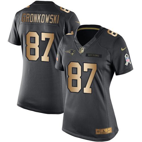 Nike Patriots #87 Rob Gronkowski Black Women's Stitched NFL Limited Gold Salute to Service Jersey