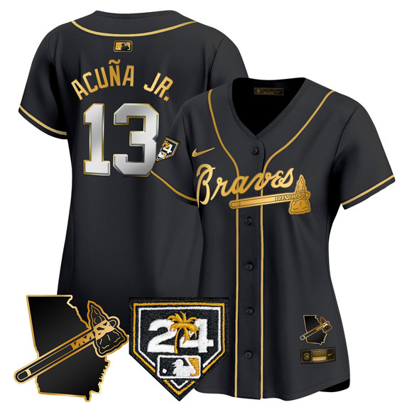 Women's Atlanta Braves #13 Ronald Acu?a Jr. Black Gold 2024 Spring Training & Georgia Patch Vapor Limited Stitched Baseball Jersey(Run Small)