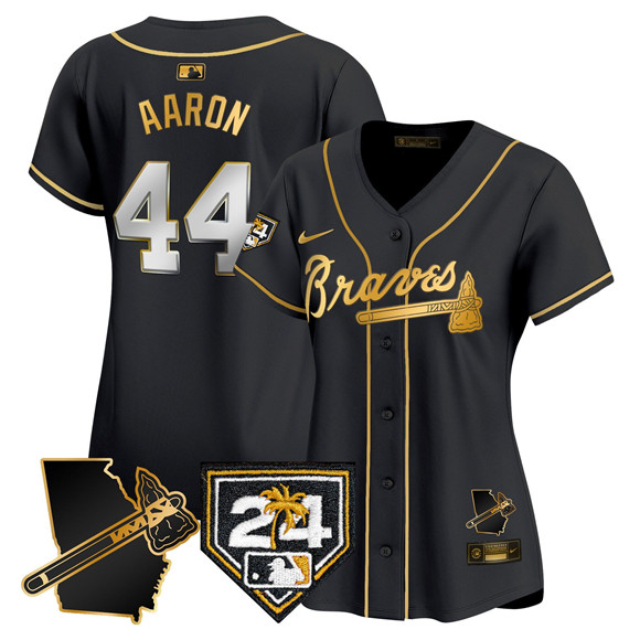 Women's Atlanta Braves #44 Hank Aaron Black Gold 2024 Spring Training & Georgia Patch Vapor Limited Stitched Baseball Jersey(Run Small) Women's Atlanta Braves #44 Hank Aaron Black Gold 2024 Spring Training & Georgia Patch Vapor Limited Stitched Baseball Jersey(Run Small)