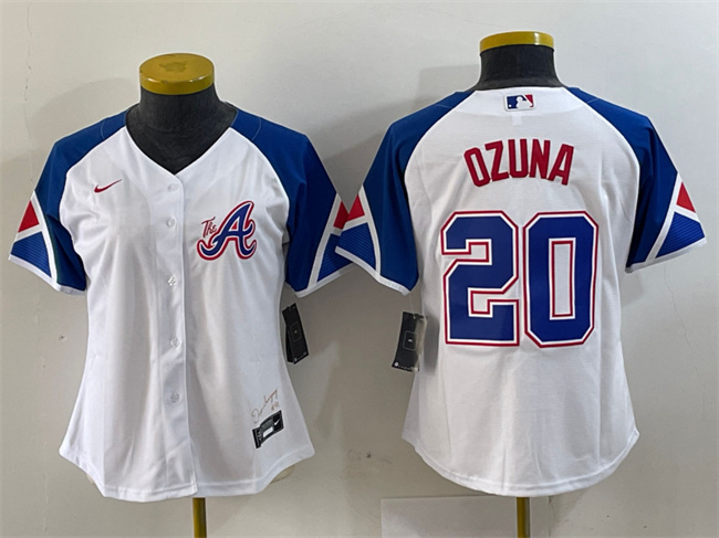 Women's Atlanta Braves #20 Marcell Ozuna White 2023 City Connect Stitched Baseball Jersey(Run Small) 3