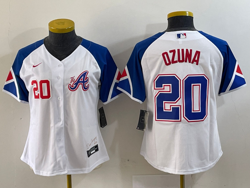 Women's Atlanta Braves #20 Marcell Ozuna White 2023 City Connect Stitched Baseball Jersey(Run Small) 2 Women's Atlanta Braves #20 Marcell Ozuna White 2023 City Connect Stitched Baseball Jersey(Run Small) 2