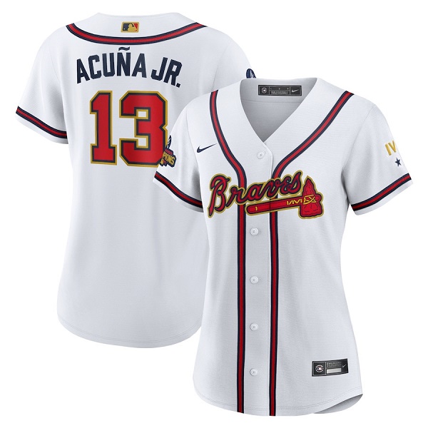 Women's Atlanta Braves #13 Ronald Acu?a Jr 2022 White Gold World Series Champions Program Stitched Jersey(Run Small) Women's Atlanta Braves #13 Ronald Acu?a Jr 2022 White Gold World Series Champions Program Stitched Jersey(Run Small)