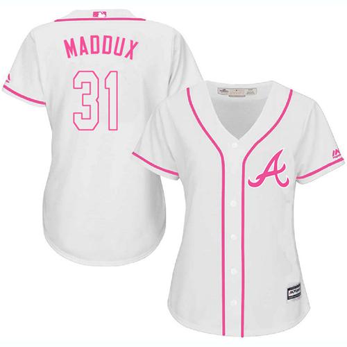 Braves #31 Greg Maddux White Pink Fashion Women's Stitched MLB Jersey
