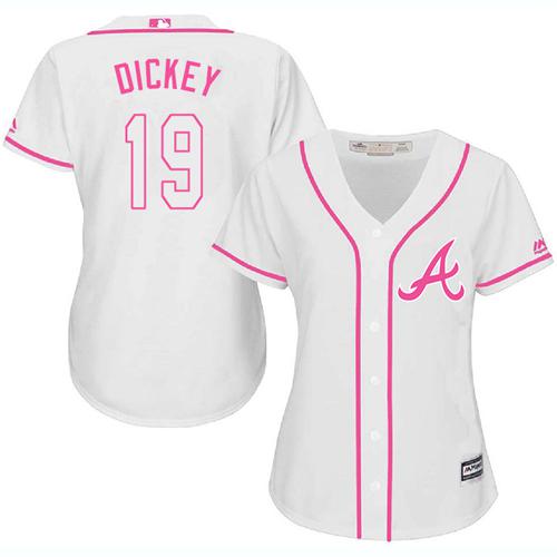 Braves #19 R.A. Dickey White Pink Fashion Women's Stitched MLB Jersey