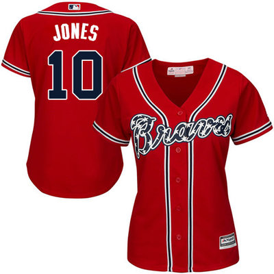 Braves #10 Chipper Jones Red Alternate Women's Stitched MLB Jersey