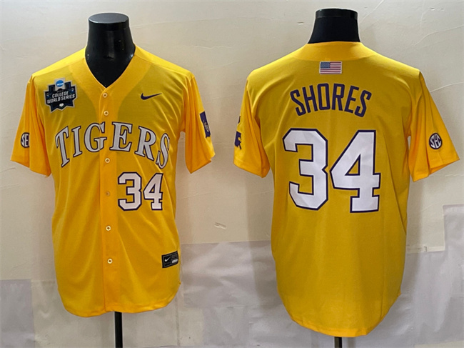 Men's LSU Tigers #34 Chase Shores Gold 2025 World Series & SEC Patch Stitched Baseball Jersey Men's LSU Tigers #34 Chase Shores Gold 2025 World Series & SEC Patch Stitched Baseball Jersey