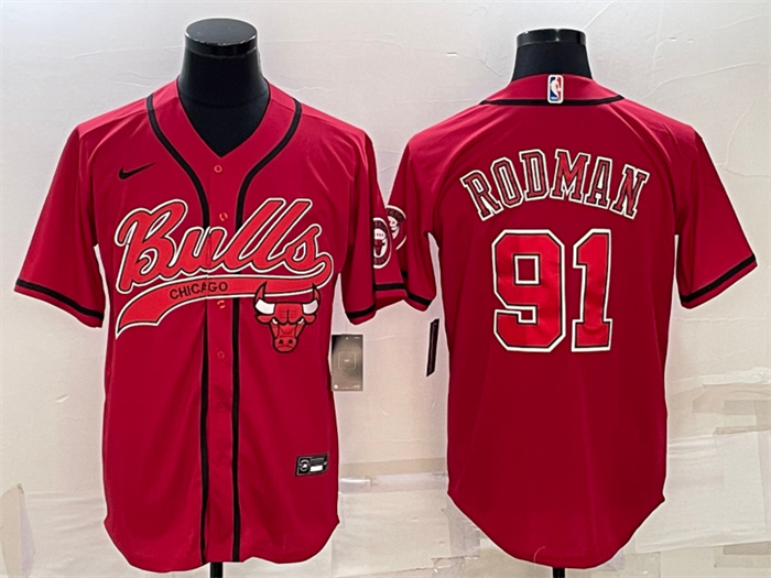 Men's Chicago Bulls #91 Dennis Rodman Red With Patch Cool Base Stitched Baseball Jersey Men's Chicago Bulls #91 Dennis Rodman Red With Patch Cool Base Stitched Baseball Jersey