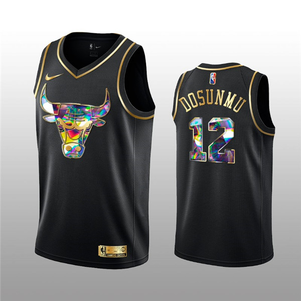 Men's Chicago Bulls #12 Ayo Dosunmu 2021 22 Black Golden Edition 75th Anniversary Diamond Logo Stitched Basketball Jersey Men's Chicago Bulls #12 Ayo Dosunmu 2021 22 Black Golden Edition 75th Anniversary Diamond Logo Stitched Basketball Jersey