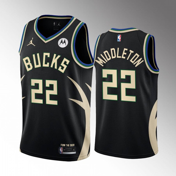 Men's Milwaukee Bucks #22 Khris Middleton 2022 23 Black Statement Edition Stitched Basketball Jersey Men's Milwaukee Bucks #22 Khris Middleton 2022 23 Black Statement Edition Stitched Basketball Jersey