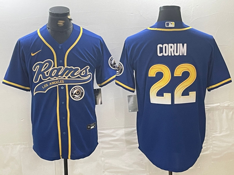 Men's Los Angeles Rams #22 Blake Corum Royal Cool Base Stitched Baseball Jersey 1 Men's Los Angeles Rams #22 Blake Corum Royal Cool Base Stitched Baseball Jersey 1
