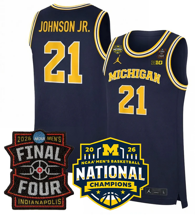 Men's Michigan Wolverines #21 Morez Johnson Jr. Navy 2025 26 Final Four & National Champions Patch Stitched Basketball Jersey