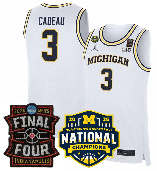 Men's Michigan Wolverines #3 Elliot Cadeau White 2025 26 Final Four & National Champions Patch Stitched Basketball Jersey Men's Michigan Wolverines #3 Elliot Cadeau White 2025 26 Final Four & National Champions Patch Stitched Basketball Jersey