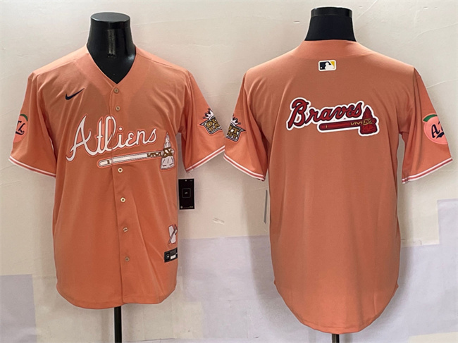 Men's Atlanta Braves Team Big Logo Peach 2024 Atliens & Peach With Outkast Patch Vapor Limited Stitched Baseball Jersey Men's Atlanta Braves Team Big Logo Peach 2024 Atliens & Peach With Outkast Patch Vapor Limited Stitched Baseball Jersey