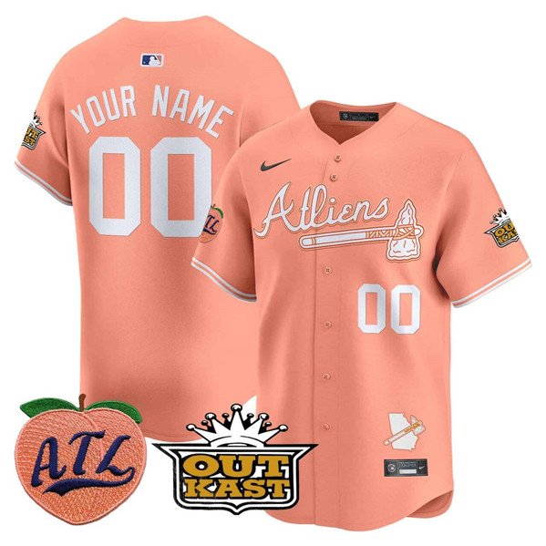 Men's Atlanta Braves ACTIVE PLAYER Custom Peach 2024 Atliens & Peach With Outkast Patch Vapor Limited Stitched Baseball Jersey Men's Atlanta Braves ACTIVE PLAYER Custom Peach 2024 Atliens & Peach With Outkast Patch Vapor Limited Stitched Baseball Jersey