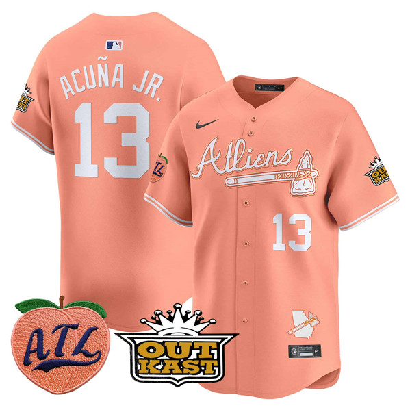Men's Atlanta Braves #13 Ronald Acu?a Jr. Peach 2024 Atliens & Peach With Outkast Patch Vapor Limited Stitched Baseball Jersey Men's Atlanta Braves #13 Ronald Acu?a Jr. Peach 2024 Atliens & Peach With Outkast Patch Vapor Limited Stitched Baseball Jersey