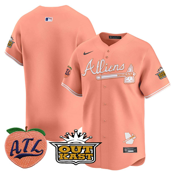 Men's Atlanta Braves Blank Peach 2024 Atliens & Peach With Outkast Patch Vapor Limited Stitched Baseball Jersey Men's Atlanta Braves Blank Peach 2024 Atliens & Peach With Outkast Patch Vapor Limited Stitched Baseball Jersey