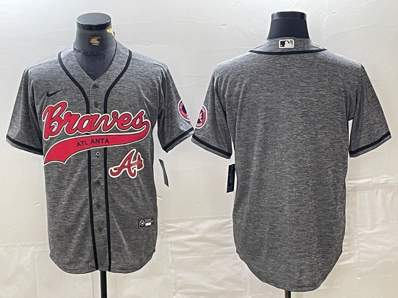 Men's Atlanta Braves Gray Team Big Logo Cool Base With Patch Stitched Baseball Jersey 6