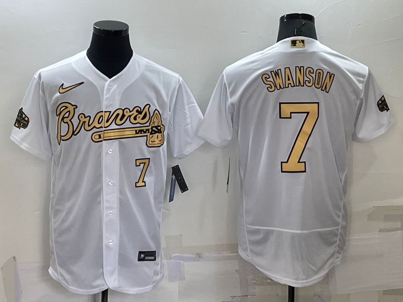 Men's Atlanta Braves #7 Dansby Swanson 2022 All-Star White Flex Base Stitched Baseball Jersey Men's Atlanta Braves #7 Dansby Swanson 2022 All-Star White Flex Base Stitched Baseball Jersey