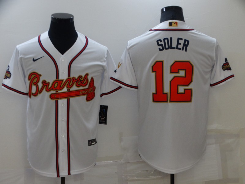 Men's Atlanta Braves #12 Jorge Soler 2022 White Gold World Series Champions Program Cool Base Stitched Baseball Jersey Men's Atlanta Braves #12 Jorge Soler 2022 White Gold World Series Champions Program Cool Base Stitched Baseball Jersey