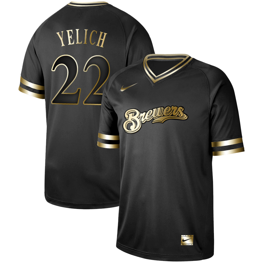 Brewers 22 Christian Yelich Black Gold Nike Cooperstown Collection Legend V Neck Jersey