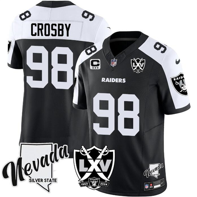 Men's Las Vegas Raiders #98 Maxx Crosby Black White 2024 F.U.S.E With Nevada Silver Stat Patch And 65th Anniversary Patch 3-Star C Patch Stitched Football Jersey Men's Las Vegas Raiders #98 Maxx Crosby Black White 2024 F.U.S.E With Nevada Silver Stat Patch And 65th Anniversary Patch 3-Star C Patch Stitched Football Jersey