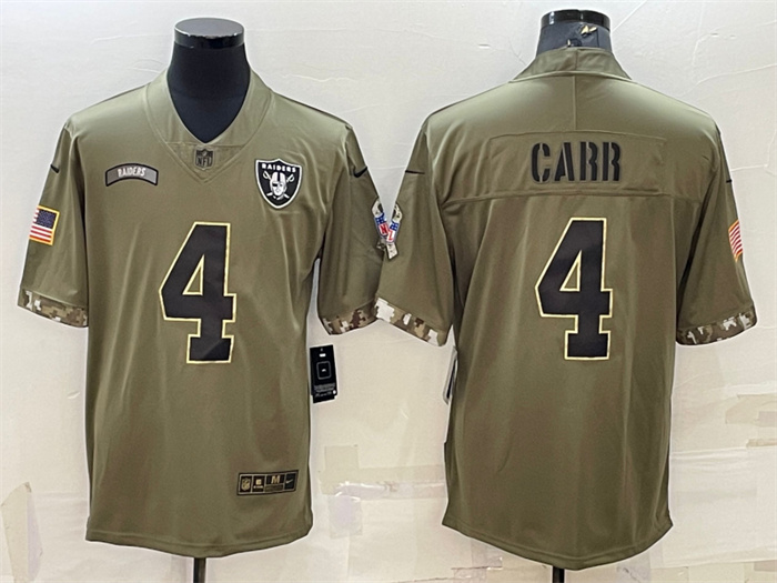 Men's Las Vegas Raiders #4 Derek Carr Olive 2022 Salute To Service Limited Stitched Jersey