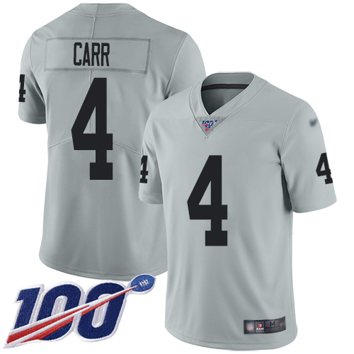 Raiders #4 Derek Carr Silver Men's Stitched Football Limited Inverted Legend 100th Season Jersey Raiders #4 Derek Carr Silver Men's Stitched Football Limited Inverted Legend 100th Season Jersey