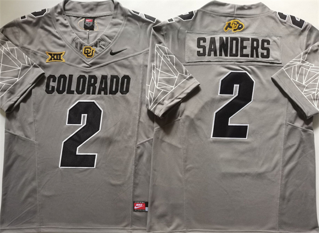Men's Colorado Buffaloes #2 Shadeur Sanders Grey 2024 With Big 12 XII Patch 2024 F.U.S.E Stitched Football Jersey Men's Colorado Buffaloes #2 Shadeur Sanders Grey 2024 With Big 12 XII Patch 2024 F.U.S.E Stitched Football Jersey