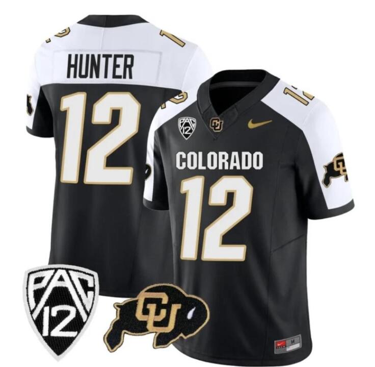 Men's Colorado Buffaloes #12 Travis Hunter Black White 2023 F.U.S.E. With PAC-12 Patch Stitched Football Jersey Men's Colorado Buffaloes #12 Travis Hunter Black White 2023 F.U.S.E. With PAC-12 Patch Stitched Football Jersey