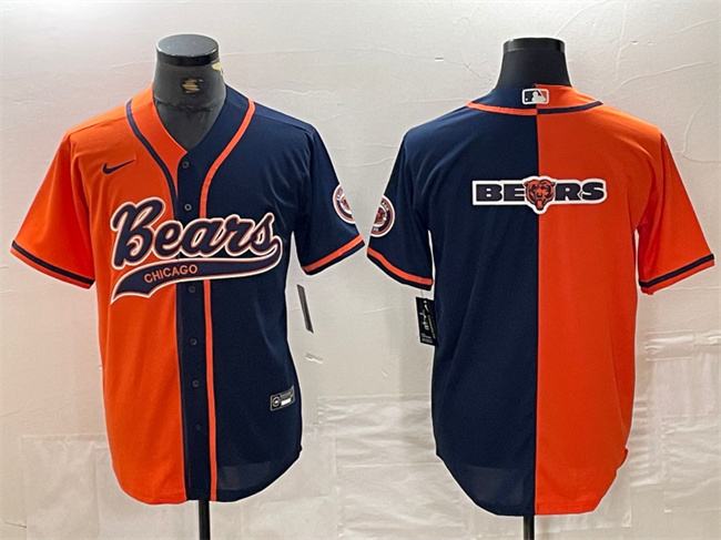 Men's Chicago Bears Team Big Logo Orange Navy Split With Patch Cool Base Stitched Baseball Jersey Men's Chicago Bears Team Big Logo Orange Navy Split With Patch Cool Base Stitched Baseball Jersey