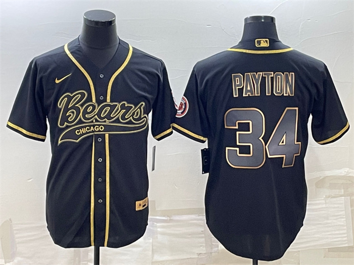 Men's Chicago Bears #34 Walter Payton Black Gold With Patch Cool Base Stitched Baseball Jersey Men's Chicago Bears #34 Walter Payton Black Gold With Patch Cool Base Stitched Baseball Jersey