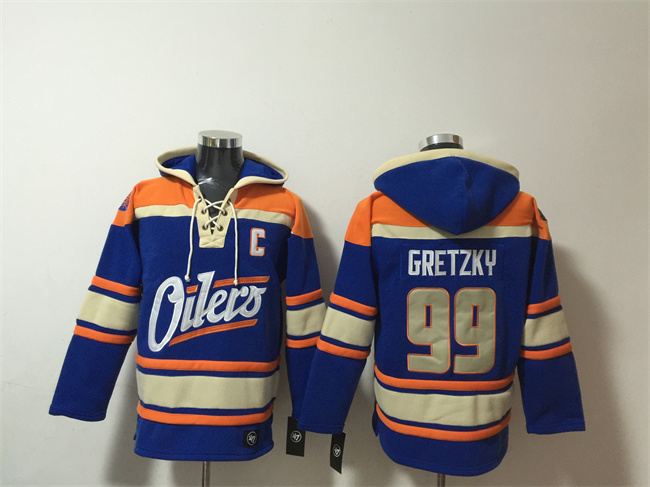 Men's Edmonton Oilers #99 Wayne Gretzky Blue Lace-Up Pullover Hoodie Men's Edmonton Oilers #99 Wayne Gretzky Blue Lace-Up Pullover Hoodie