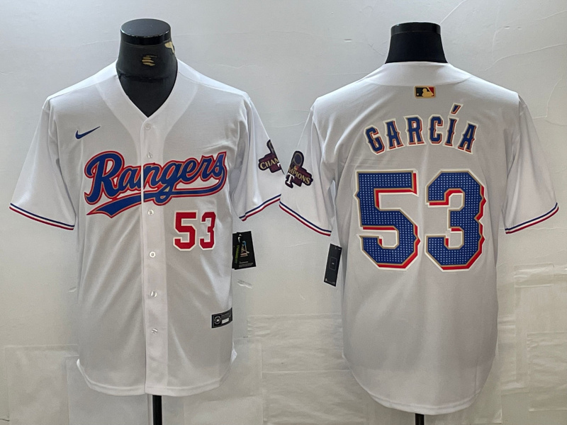Men's Texas Rangers #53 Adolis García White Gold Cool Base Stitched Baseball Jersey clubjerseys.net Men's Texas Rangers #53 Adolis García White Gold Cool Base Stitched Baseball Jersey clubjerseys.net