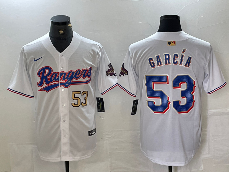 Men's Texas Rangers #53 Adolis García White Gold Cool Base Stitched Baseball Jersey 1 Men's Texas Rangers #53 Adolis García White Gold Cool Base Stitched Baseball Jersey 1