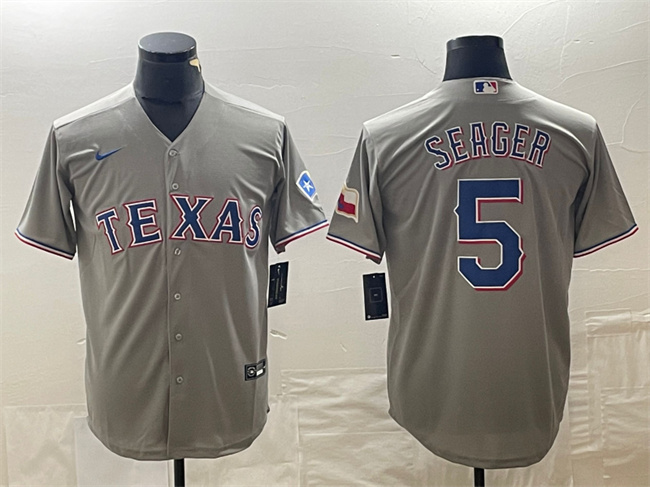 Men's Texas Rangers #5 Corey Seager Grey With Patch Cool Base Stitched Baseball Jersey Men's Texas Rangers #5 Corey Seager Grey With Patch Cool Base Stitched Baseball Jersey