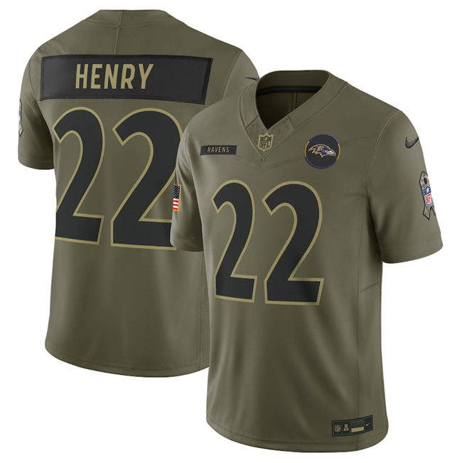 Men's Baltimore Ravens #22 Derrick Henry Olive 2025 Salute to Service Limited Stitched Football Jersey
