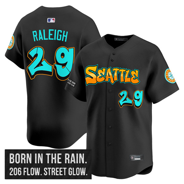 Men's Seattle Mariners #29 Cal Raleigh Black 2025 'Graffiti Emerald Drop Edition' Vapor Premier Limited Stitched Jersey Men's Seattle Mariners #29 Cal Raleigh Black 2025 'Graffiti Emerald Drop Edition' Vapor Premier Limited Stitched Jersey