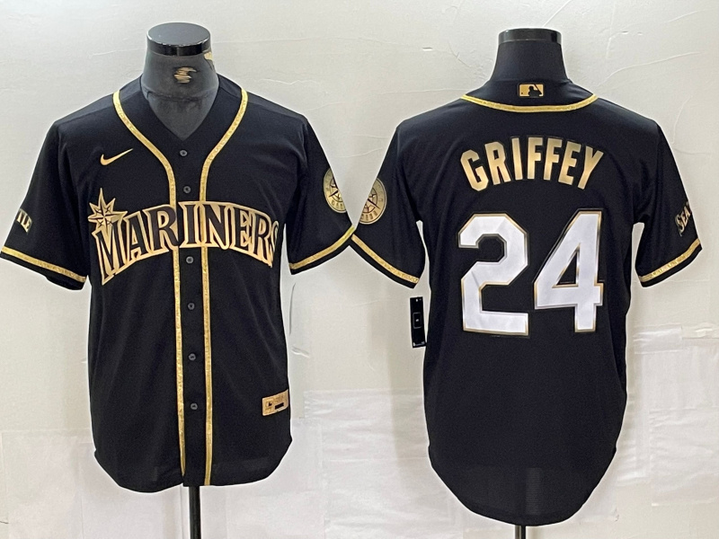 Men's Seattle Mariners #24 Ken Griffey Jr Black 2021 Golden Edition Stitched Cool Base Nike Jersey Men's Seattle Mariners #24 Ken Griffey Jr Black 2021 Golden Edition Stitched Cool Base Nike Jersey