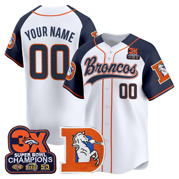 Men's Denver Broncos Active Player Custom Navy Alternate 3X Super Bowl champions Patch Throwback Vapor Stitched Baseball Jersey