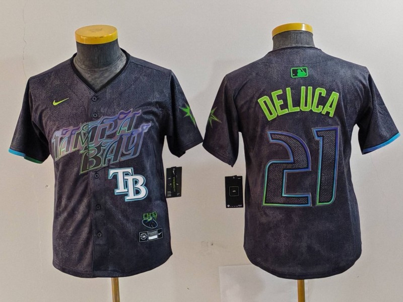 Youth Tampa Bay Rays #21 Jonny DeLuca Charcoal 2024 City Connect Limited Stitched Baseball Jersey 4 Youth Tampa Bay Rays #21 Jonny DeLuca Charcoal 2024 City Connect Limited Stitched Baseball Jersey 4