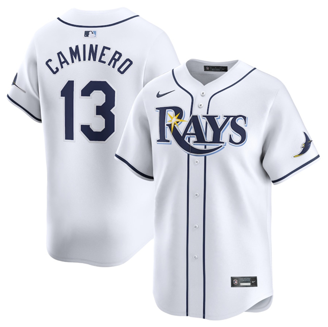 Men's Tampa Bay Rays #13 Junior Caminero White 2024 Home Limited Stitched Baseball Jersey Men's Tampa Bay Rays #13 Junior Caminero White 2024 Home Limited Stitched Baseball Jersey
