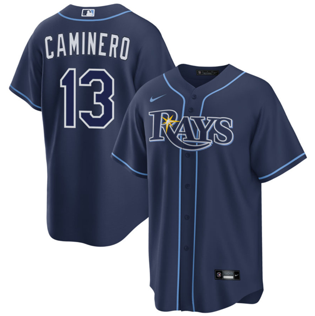 Men's Tampa Bay Rays #13 Junior Caminero Navy Cool Base Stitched Baseball Jersey Men's Tampa Bay Rays #13 Junior Caminero Navy Cool Base Stitched Baseball Jersey